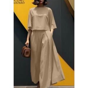 Zanzea Collection two piece brown pant set small super wide leg with pocket top